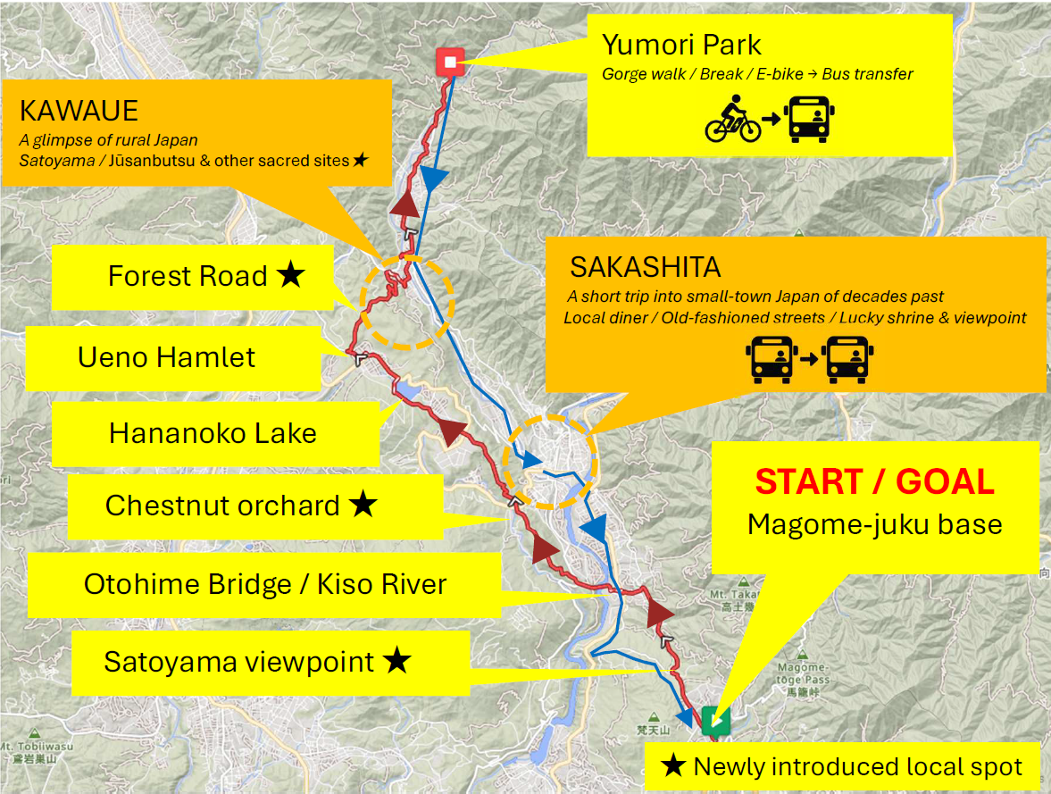 Map of the long Satoyama Ride from Magome to Yumori Park